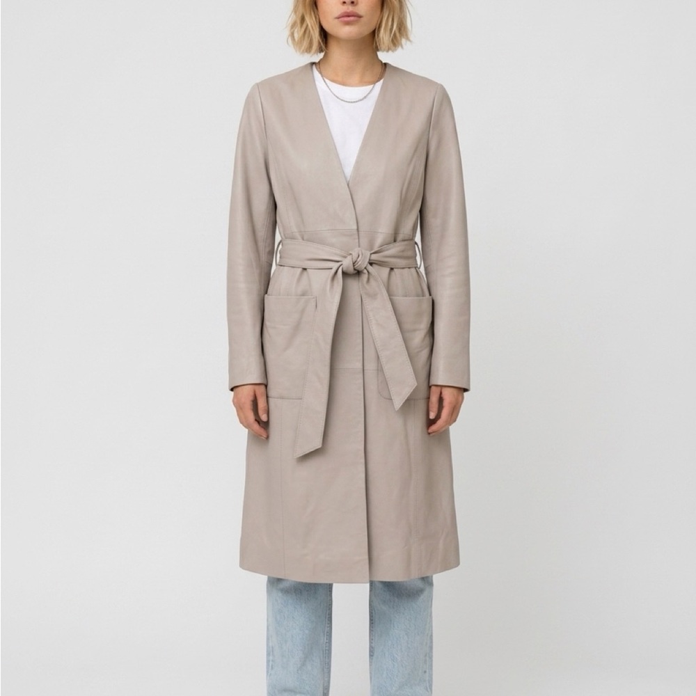 Women's Taupe Leather Tie-Waist Coat